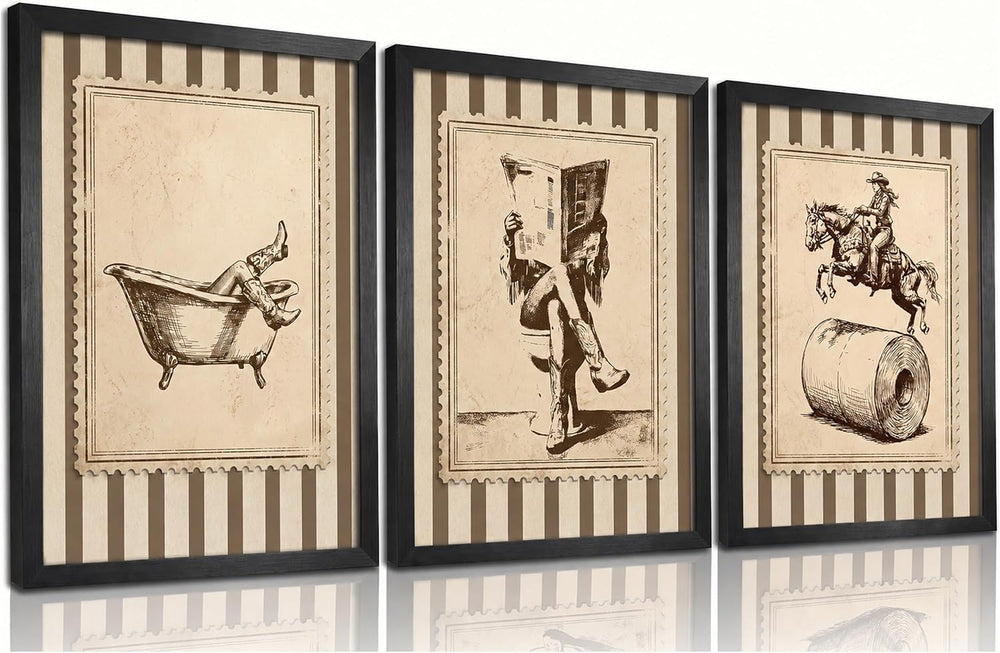 WWSGSG 3Pcs Funny Cowgirl Bathroom Canvas Wall Art Black Wood Framed12x16in