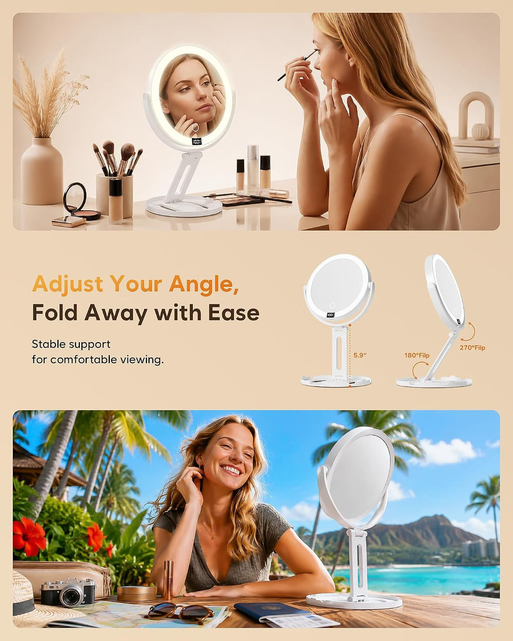 20X Travel Makeup Mirror with Lights, Double-Sided Magnifying Mirror