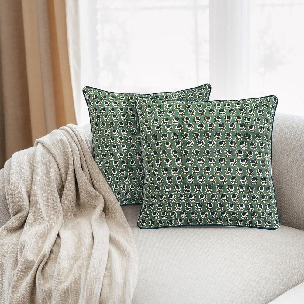 Ridhi Basil Green Hand Block Print Cotton Pillow Cover 18x18 Inch Set of 2
