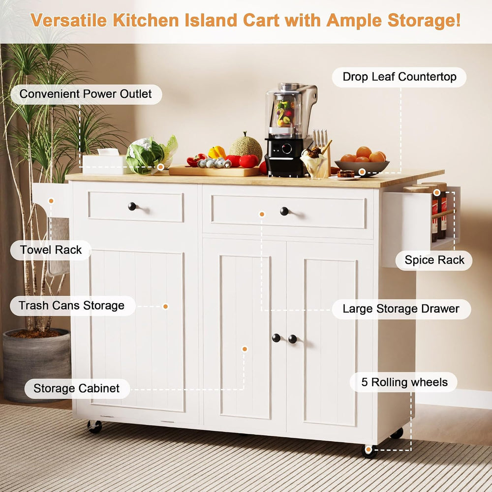 Modern Kitchen Island Cart with Power Outlet & Drop Leaf, Rolling Storage...