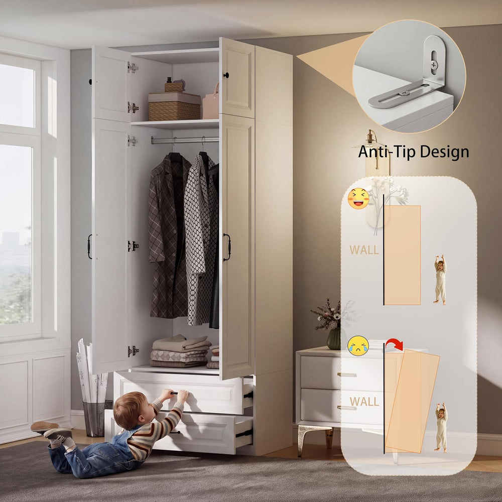 White Armoires Wardrobe Closet with 2 Drawers and 2 Doors: 88" H