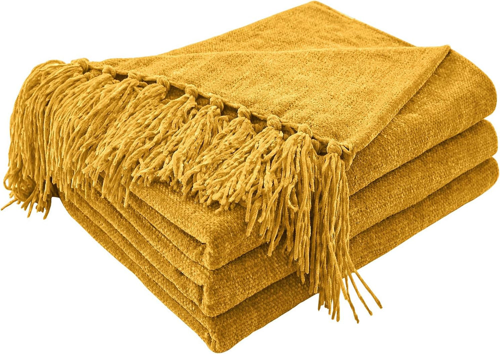 CozeCube Chenille Throw Blanket, Harvest Gold Fringe Blanket, 50"X60"