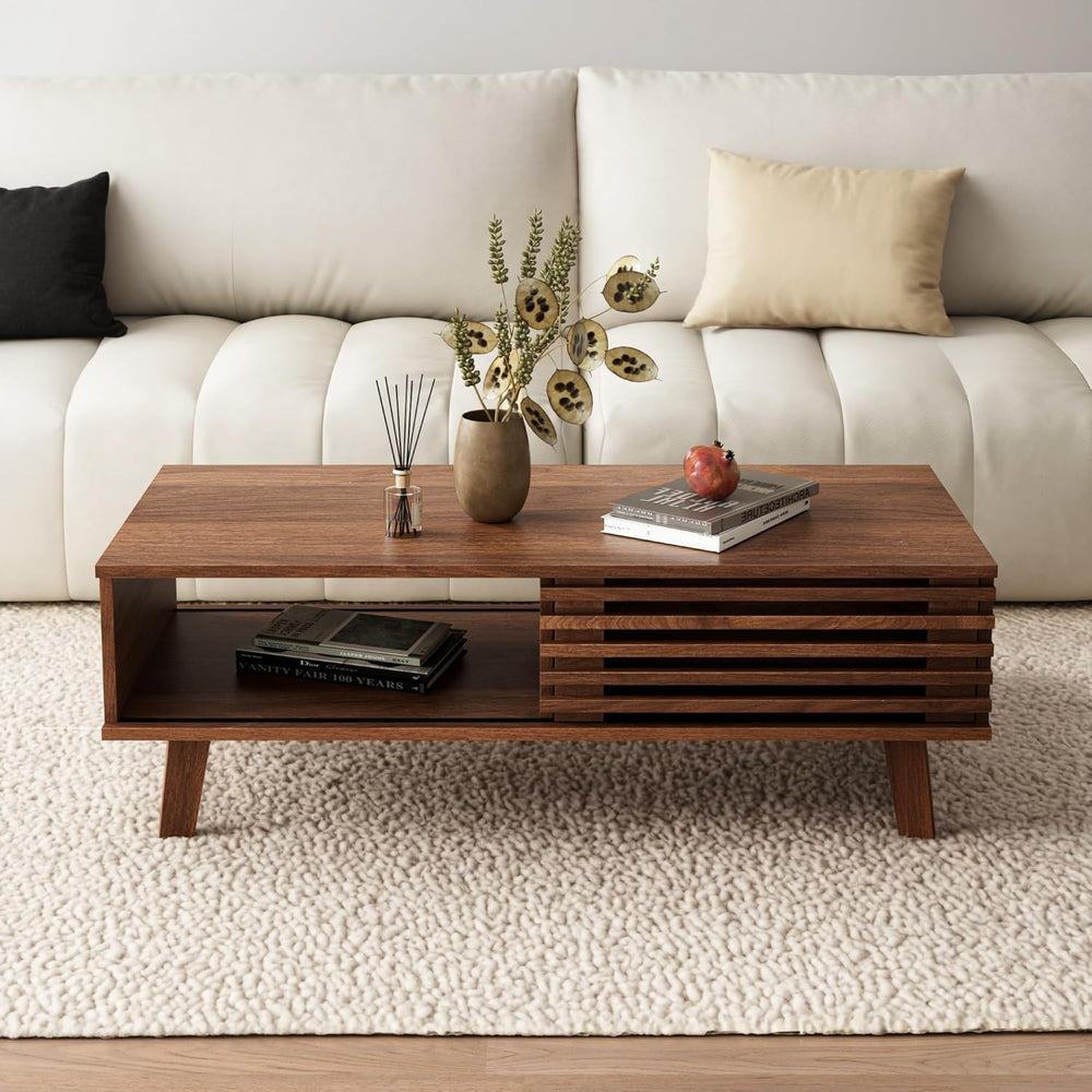 MAISONARIA Mid Century Coffee Table with Storage & Sliding Fence Door, Mo...
