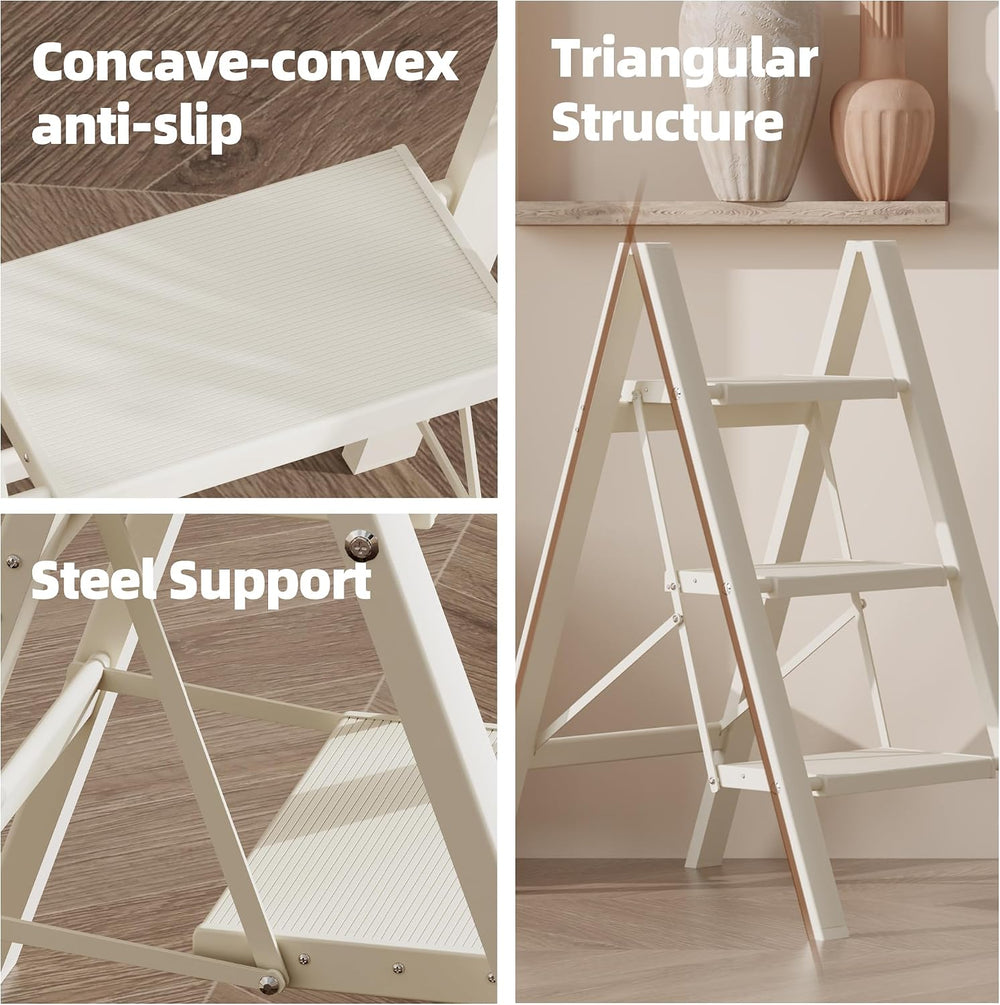 HillhutApex Aluminum Step Stool Foldable,3 Step Ladder (White)