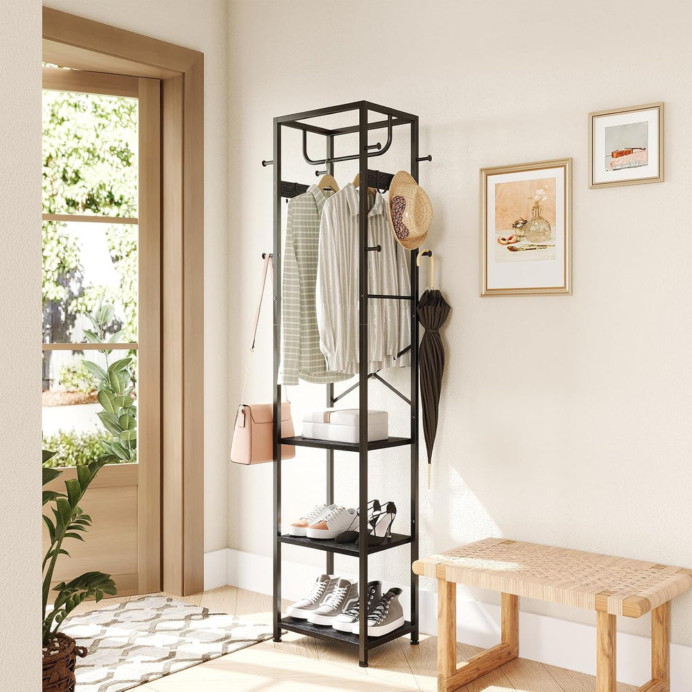 ELYKEN Coat Rack Freestanding, Hall Tree with 3 Shelves and 12 Hooks, Black