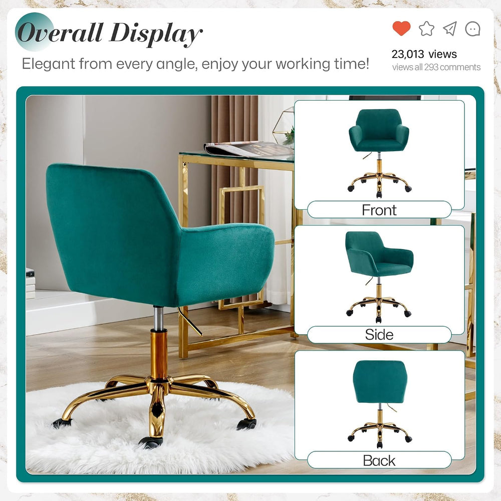 Office Velvet Faux Fur Vanity Desk Chair with Golden Base, Green