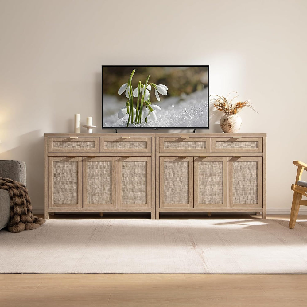 SICOTAS Rattan Sideboard Buffet Cabinet with Storage, Boho Credenza Accent