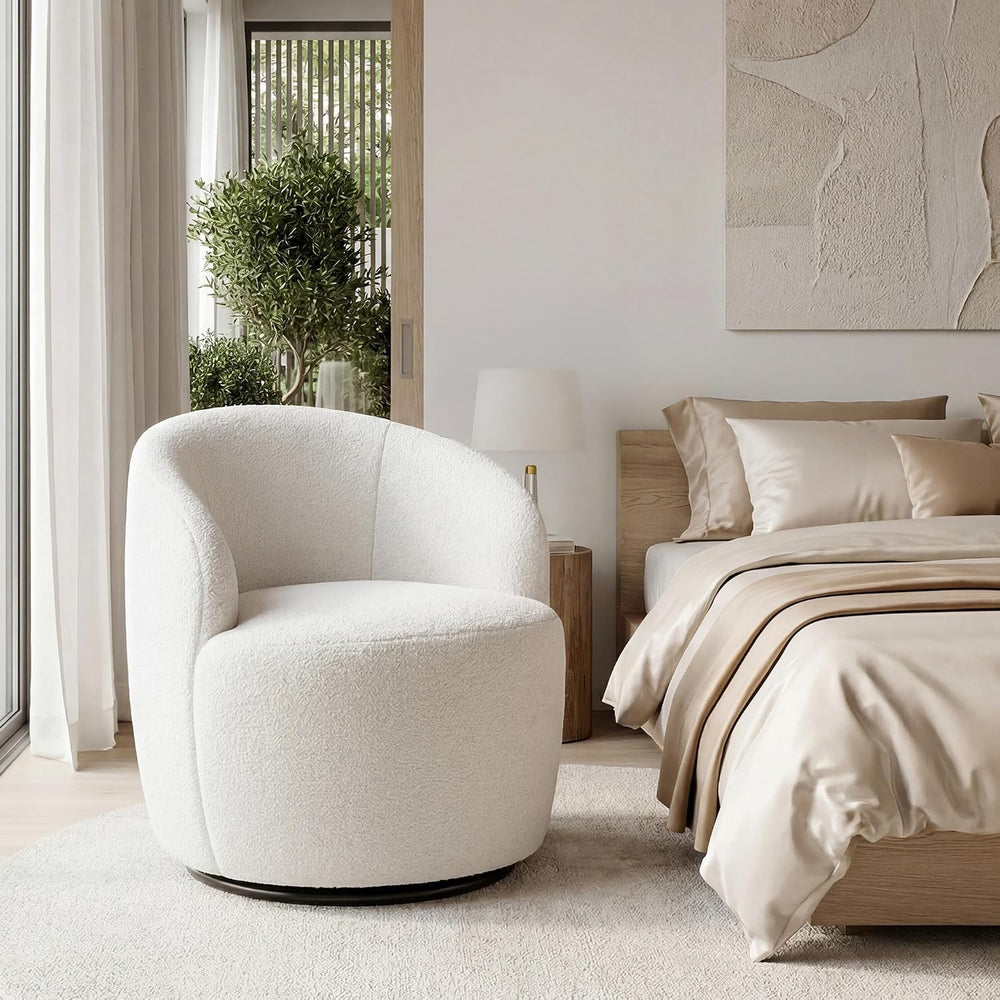 FOXHUNTER 360° Swivel Accent Chair, Barrel Chairs, Teddy Ivory