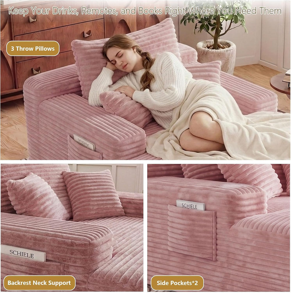 65" Oversized Boneless Chaise Lounge Chair Indoor with 3 Pillows, Pink