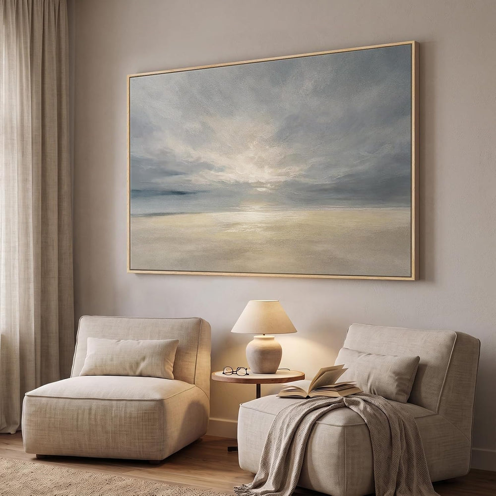 Extra Large Framed Beige Blue Coastal Abstract Wall Art, Horizontal 60x40