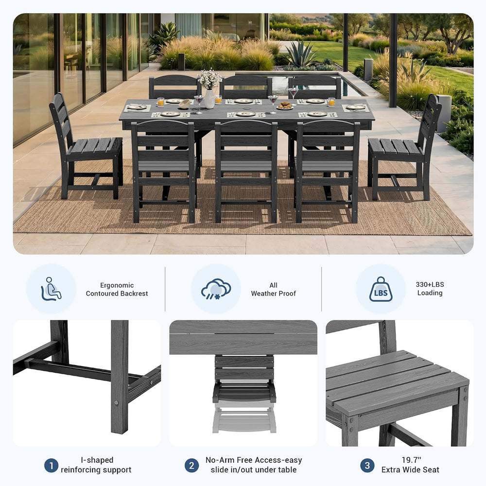 KINGYES Outdoor Dining Set,84'' Table w/Umbrella Hole & Armless C...