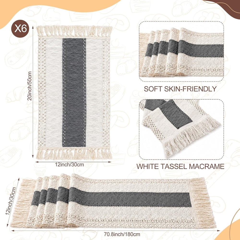 Boho Kitchen Decor Table Runner and Placemats Set, Grey, 6 Sets, 12x72inch