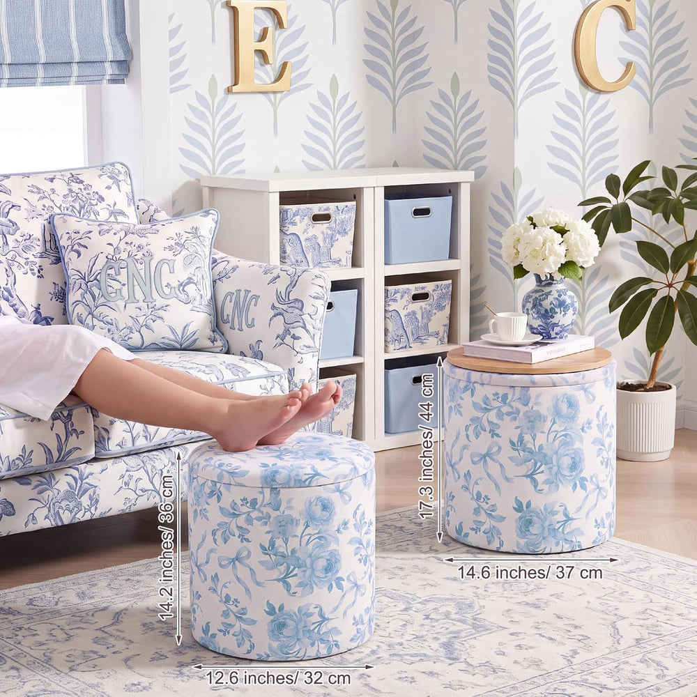Geetery 2 Pcs Dorm Ottoman with Storage Blue Bow Floral Round Ottoman