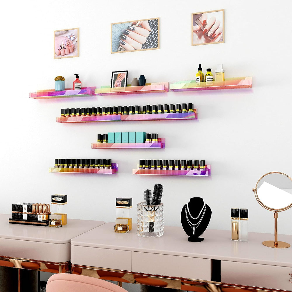 8 Pack 15 Inch Iridescent Acrylic Floating Wall Shelves, Rainbow Shelves