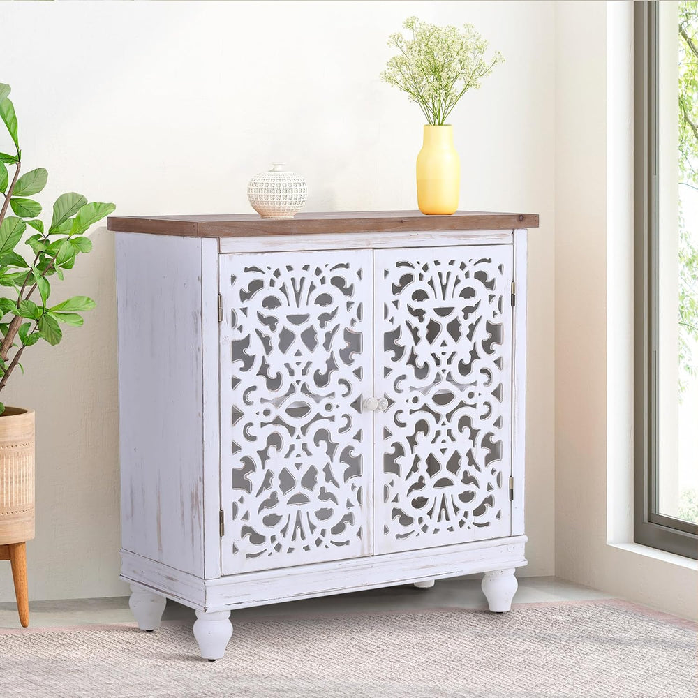Sophia & William Accent Cabinet with Doors, White Carved Buffet Cabinet