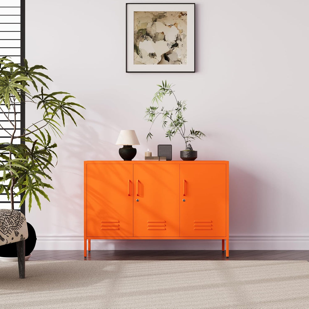 47.3" Wide Orange 3-Door Lockable Metal Storage Locker, Heavy-Duty Multi...