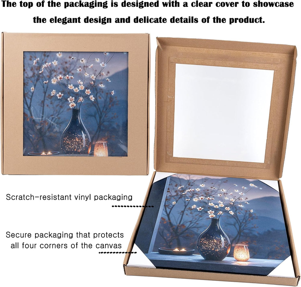 LED Cherry Blossom Vase Canvas Wall Art, Light Up Floral Picture with Black V...