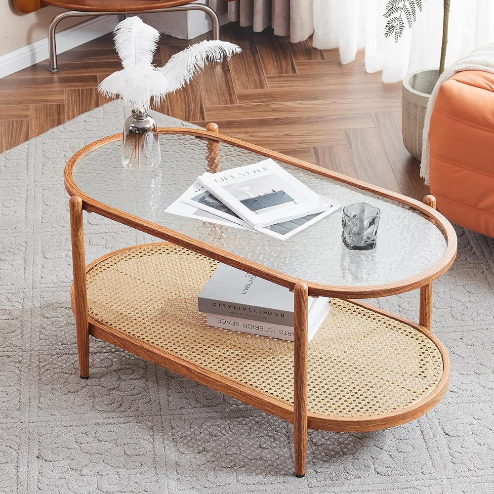 VINGLI 38" Oval Glass Coffee Table, Rattan Coffee Table, Natural Vibe