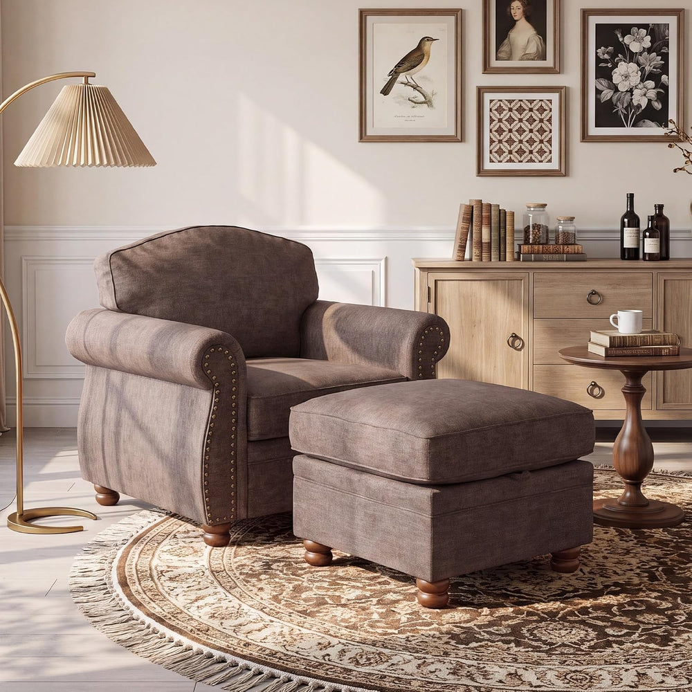 Traditional Accent Chair with Storage Ottoman, 41.3", Chenille, Brown