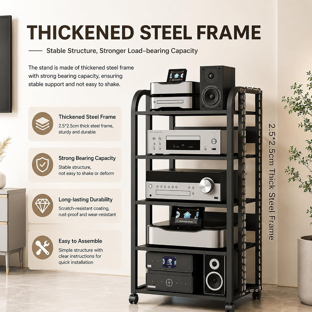 5 Tier Av Media Stand with Wheels, 39in Adjustable Audio Rack