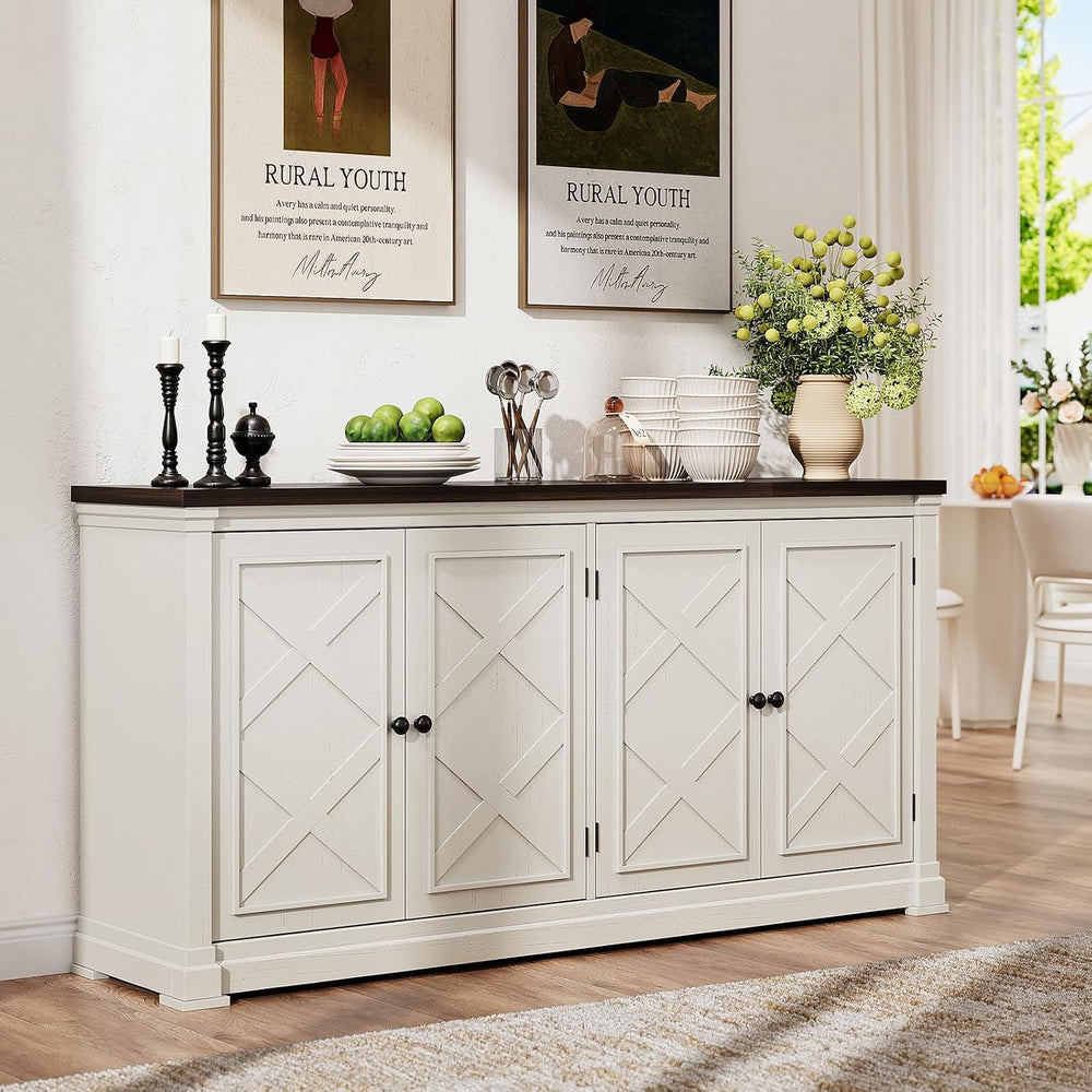 ONBRILL 63 Inch Buffet Cabinet with Storage, 4 Barn Doors, Off White