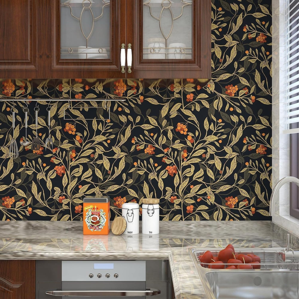 Black Vintage Leaves Berries Peel and Stick Wallpaper 17.5" x 393"