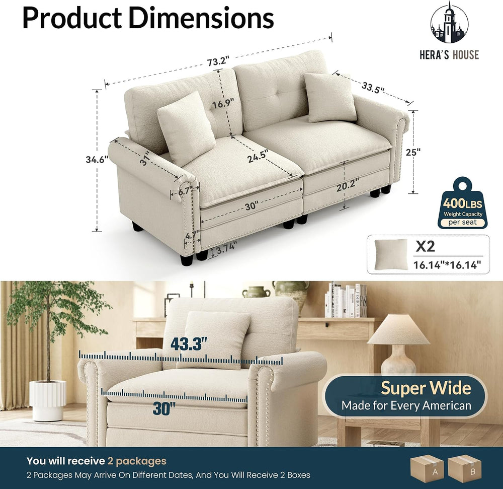 HERA'S HOUSE 73.2" Modular Loveseat Cloud Couch Deep Seats & Rol...
