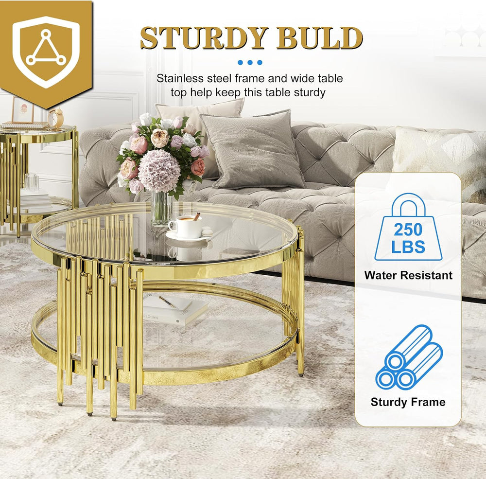 Round Glass Coffee Table Set of 3, Gold and Clear Modern Living Room Table Se...