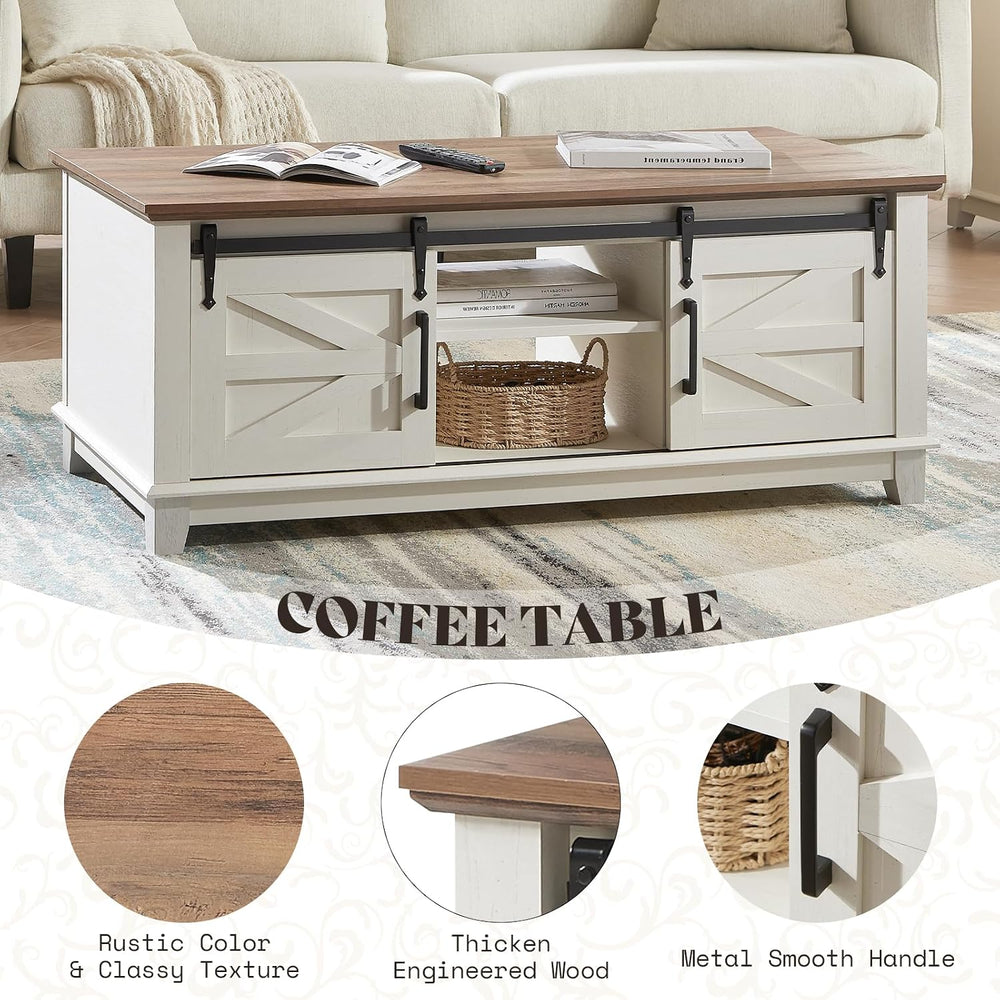 AMERLIFE 48" Farmhouse Coffee Table with Sliding Barn Doors, Rustic White