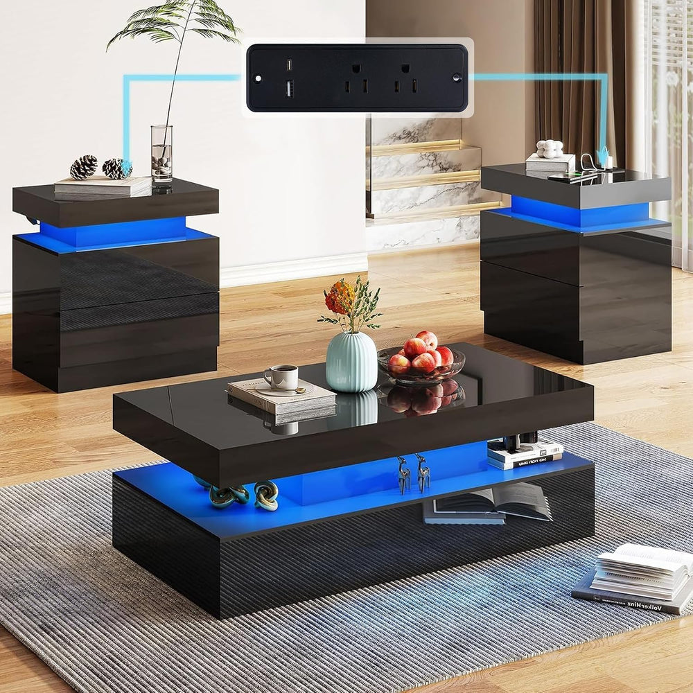 AMERLIFE 3-Piece High Gloss Living Room Table Set with LED Lights, Modern Cof...