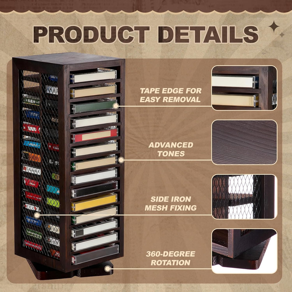 Ripeng Cassette Tape Holder, 28 Capacity 360° Rotating, Rustic Brown