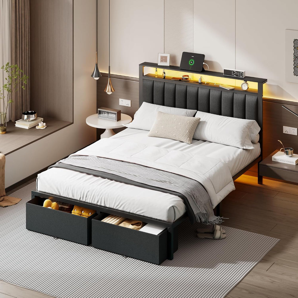 Furnulem Queen Bed Frame with Storage Drawers and Upholstered Headboard