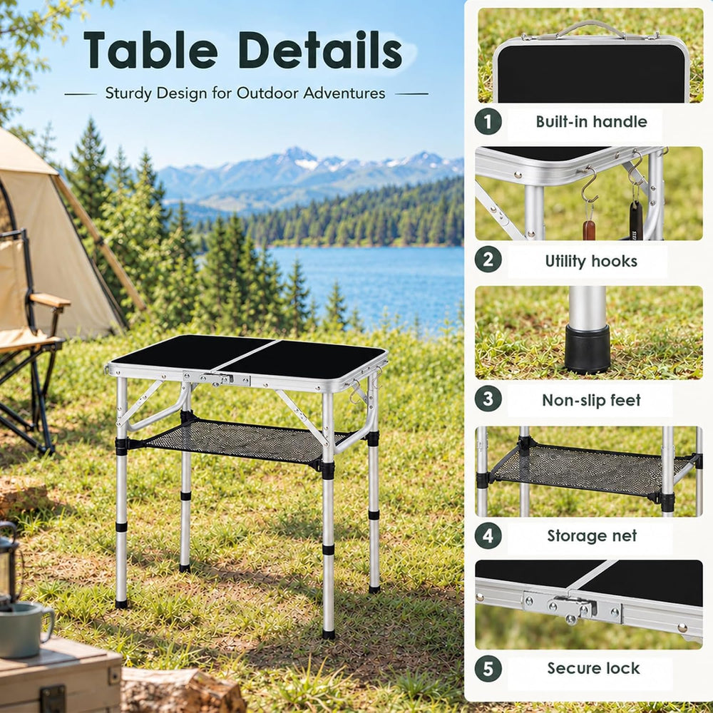 Folding Picnic Table 2ft Portable Camping Table Adjustable Heights, Black