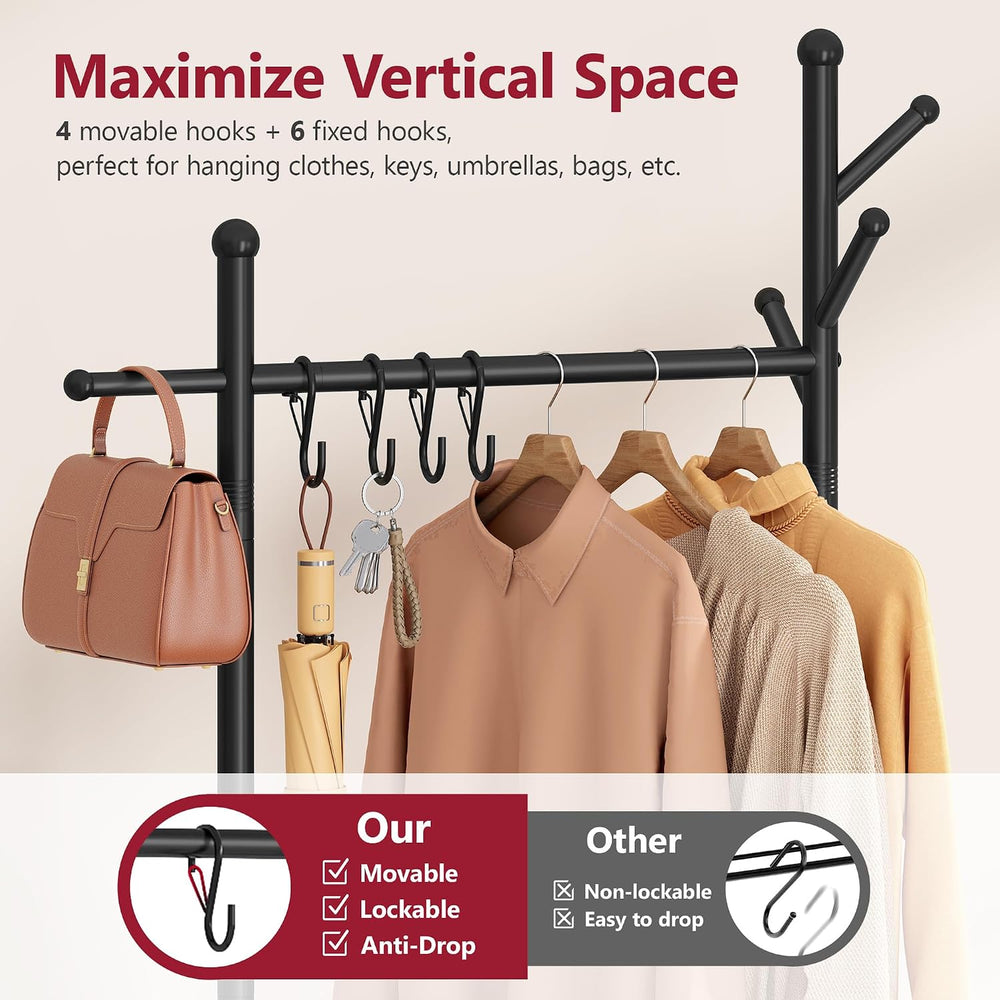 Tajsoon Coat Rack Stand with Lockable Wheel, Wooden Coat Stand with Drawer