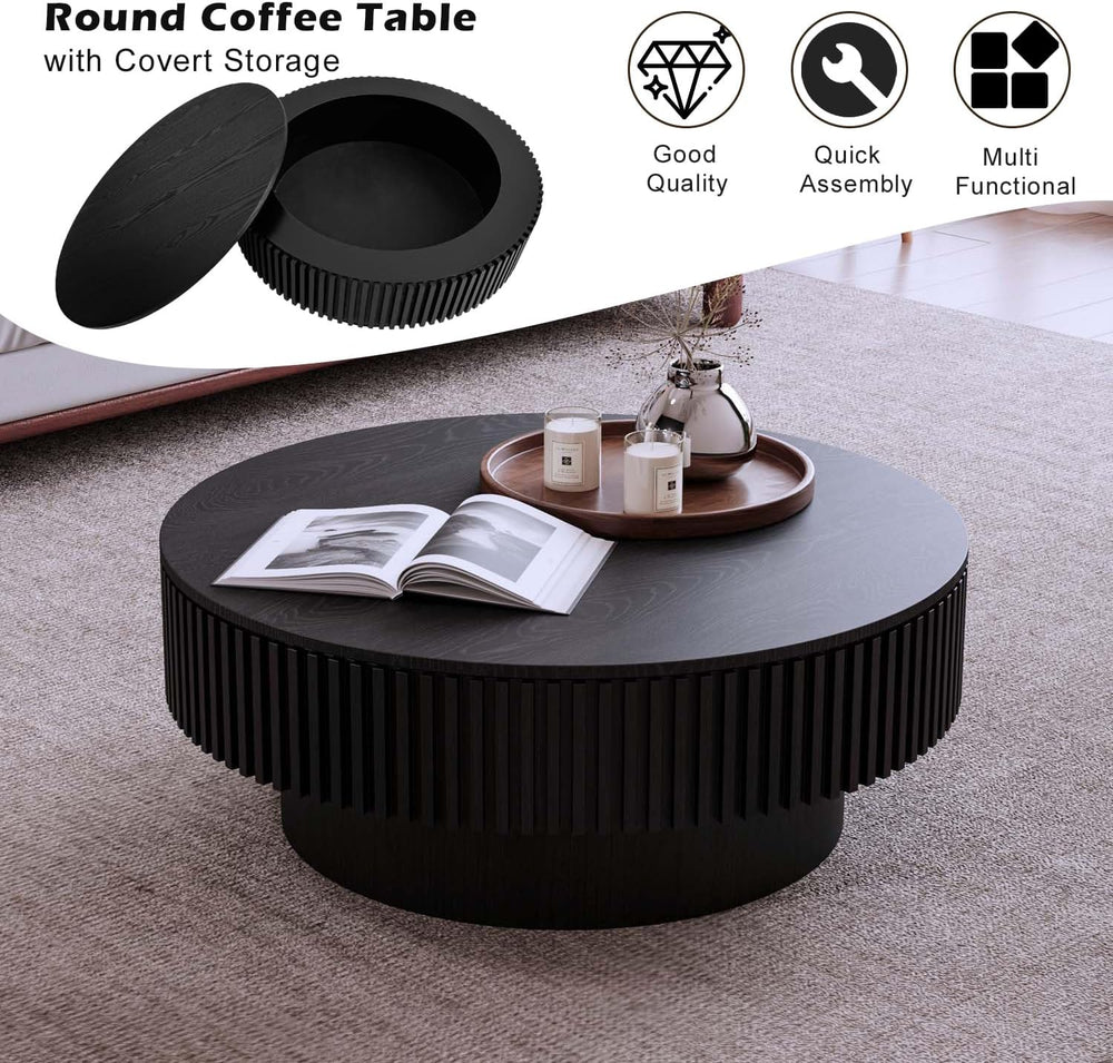 Round Coffee Table with Storage, Modern Wooden Coffee Table