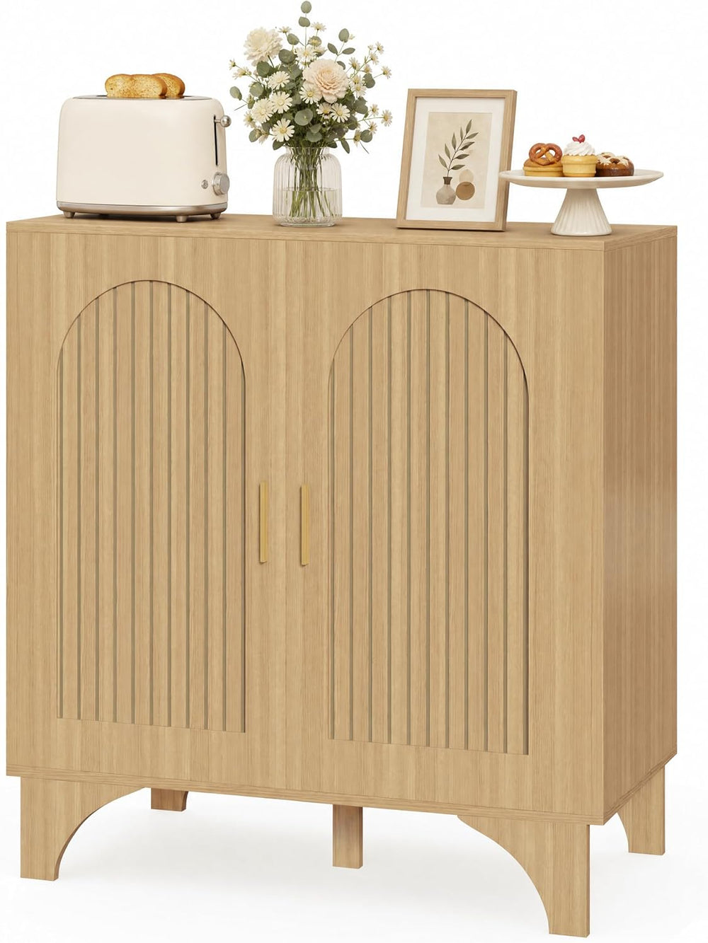 Mid Century Modern Buffet Cabinet Arched Doors Natural Storage Sideboard