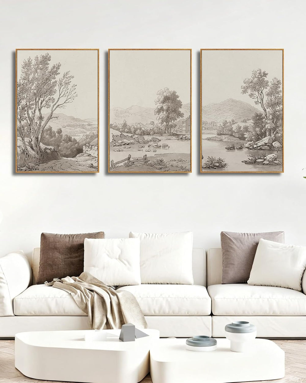 UPWOIGH Sepia Landscape Wood Framed Wall Art Set of 3, 16 x 24 Inch