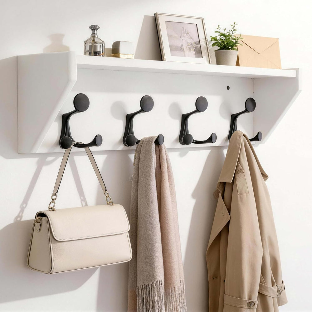 SKOLOO Wall Shelf with Hooks, 24-Inch White Coat Rack Wall Mount with Shelf O...