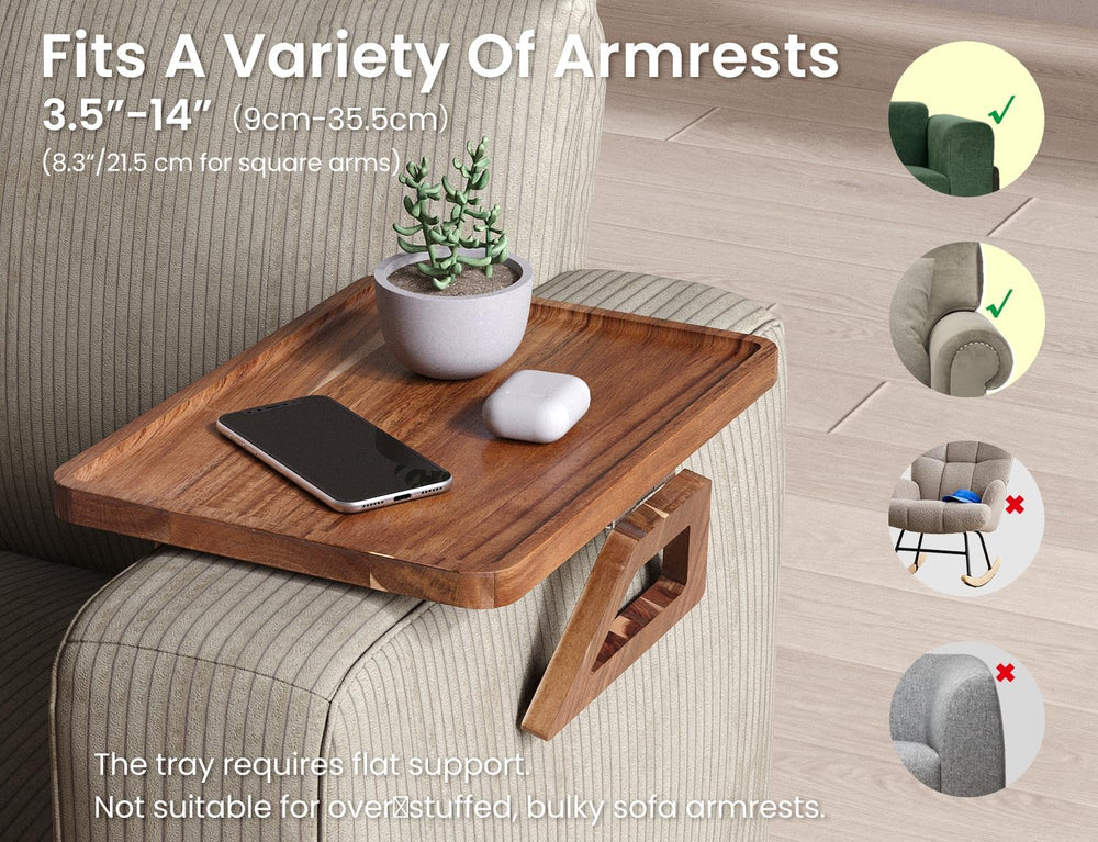 2 Packs Acacia Wood Couch Arm Tray,Folding Sofa Armrest Table