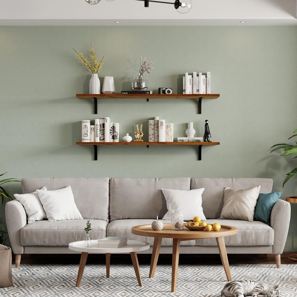 Deep Floating Shelves for Wall 48 Inch Pine Wood, Set of 2, Walnut