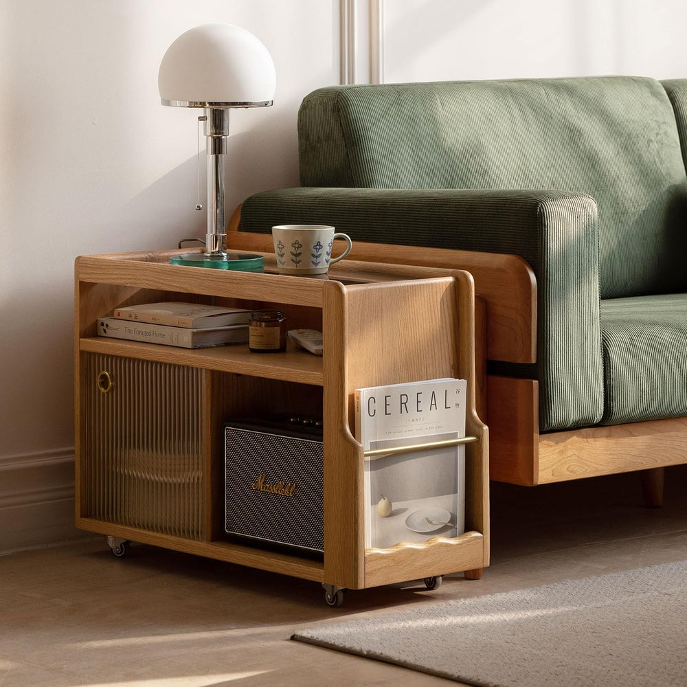 Solid Wood Side Table with Storage, Narrow End Table with Magazine Rack