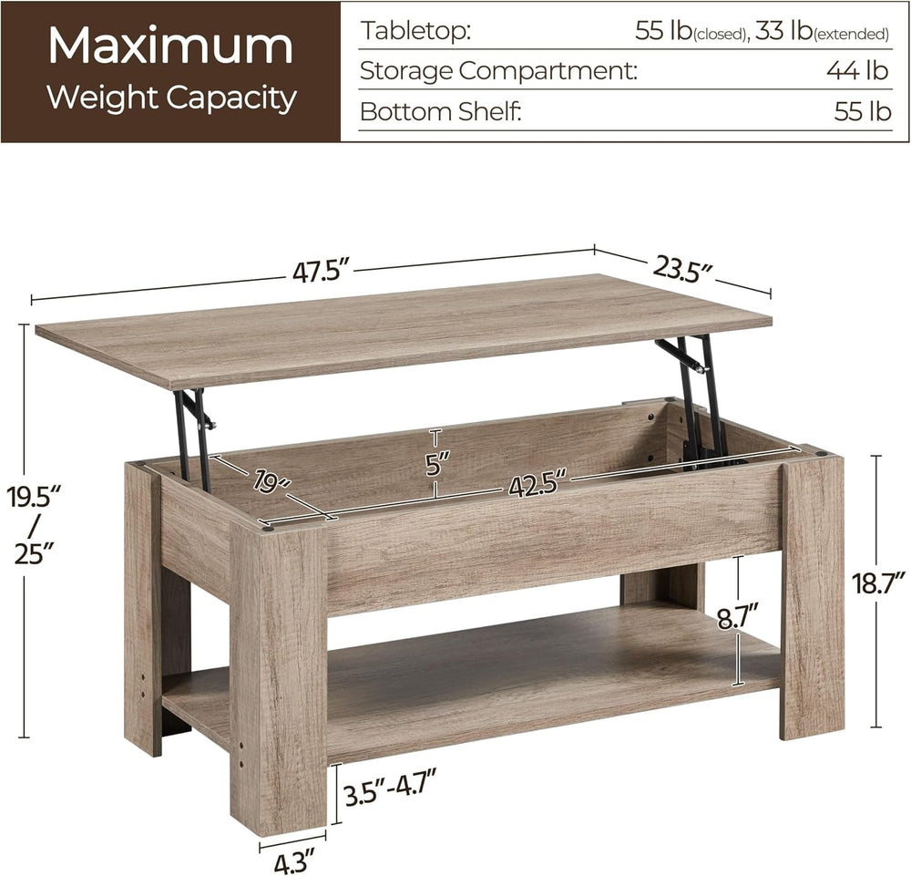 Yaheetech 47.2" Lift Top Coffee Table with Hidden Storage & Shelf, Gray
