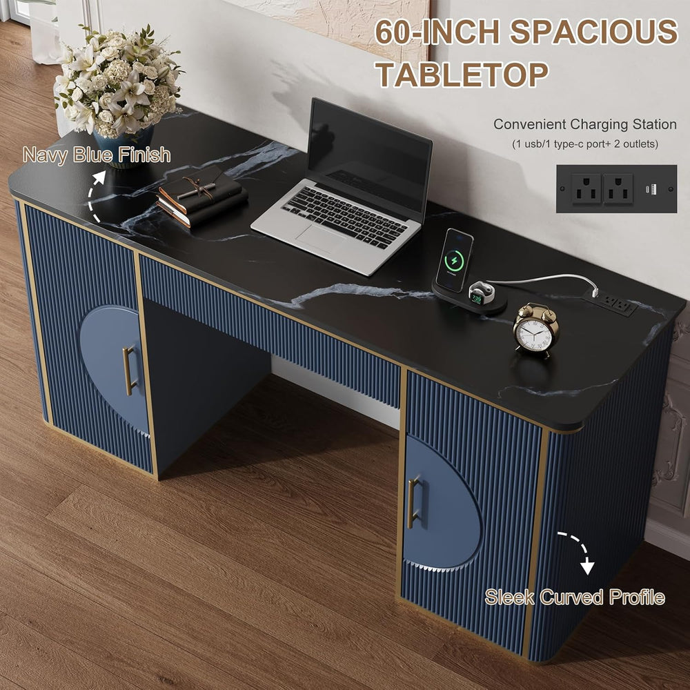 60" Fluted Computer Desk, Wooden Long Home Office Writing Desk with Draw...