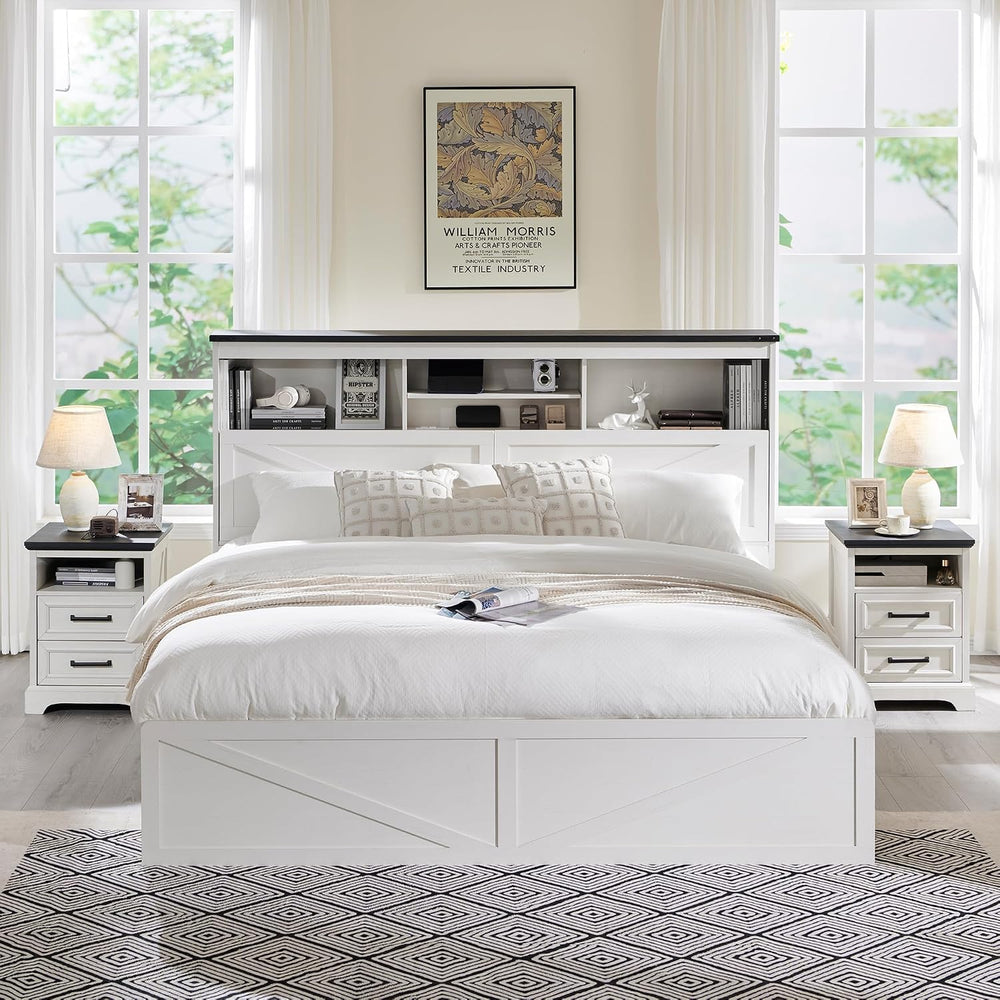 ACCOHOHO Farmhouse King Size Bed Frame with 52" High Storage Bookcase He...