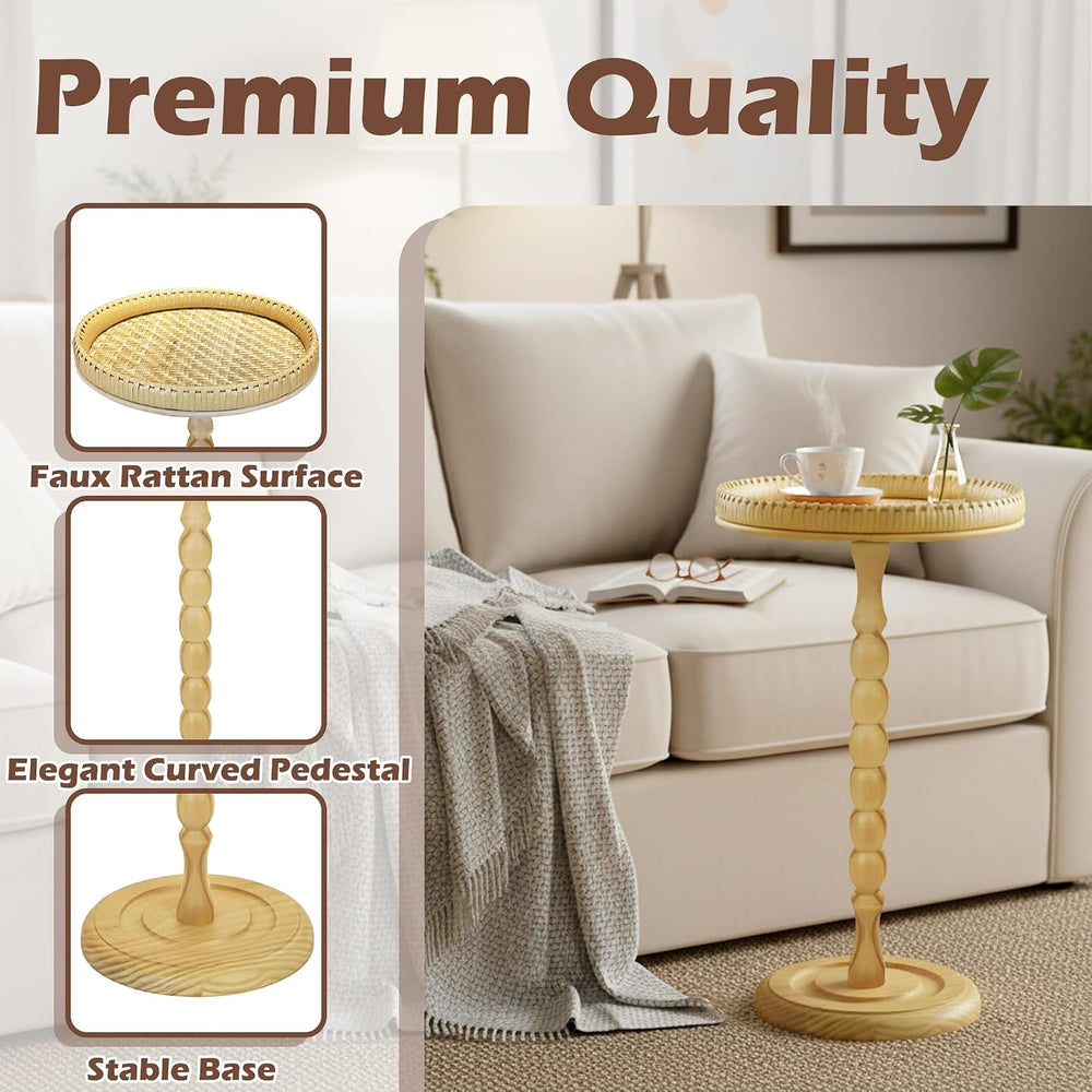 Drink Table, Rattan Round Small Side Table with Soild Leg for Small Spaces
