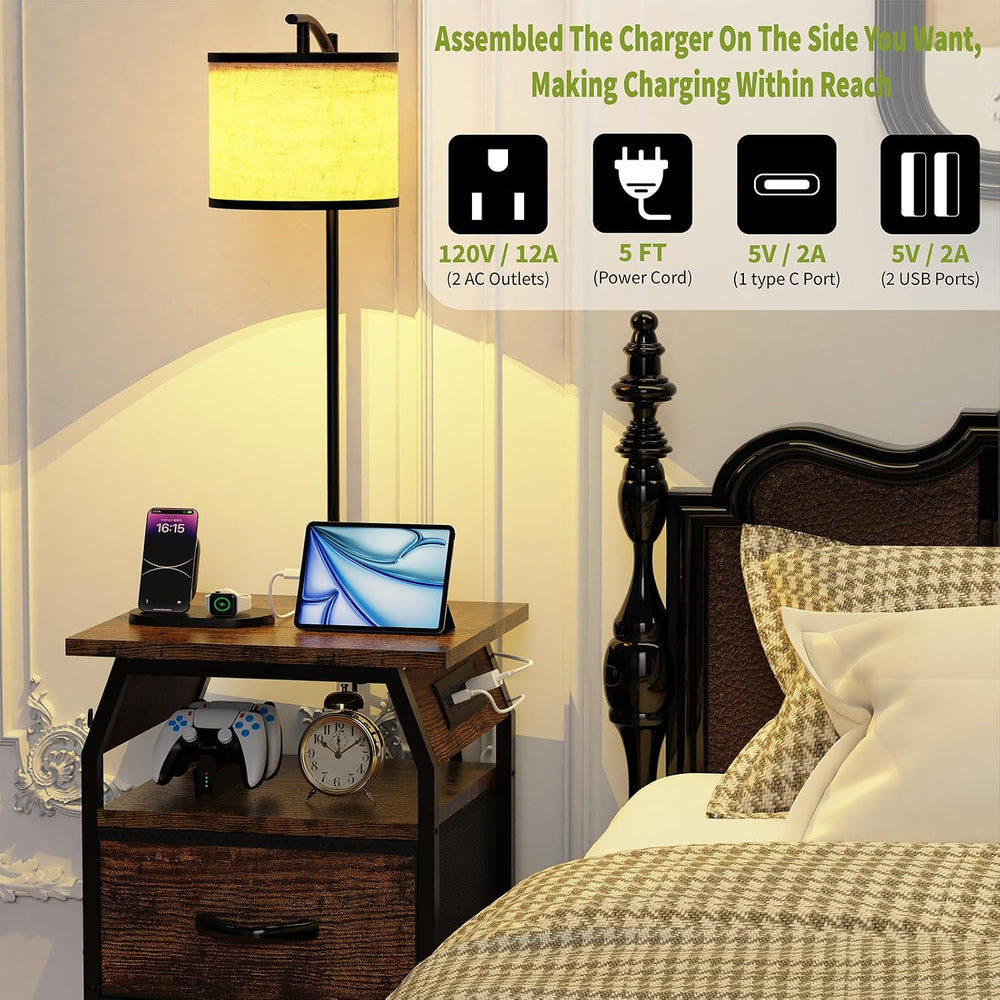 runjuly Floor Lamp with Table, End Table with Light and Charging, Rustic