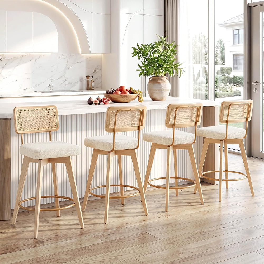 26" Swivel Boho Bar Stools Set of 4, Solid Wood, Rattan, Beige