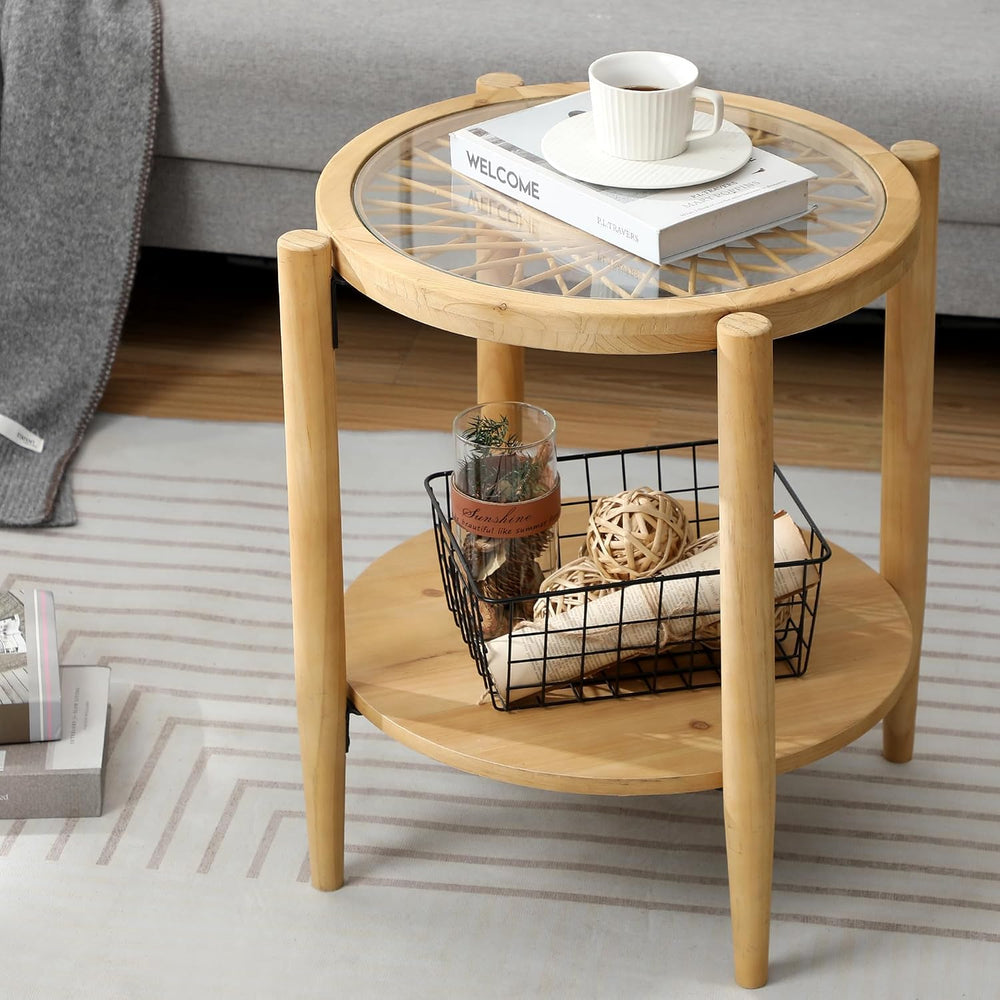 RUSTOWN Rattan Nightstands Set of 2, Boho Round End Tables with Glass Top