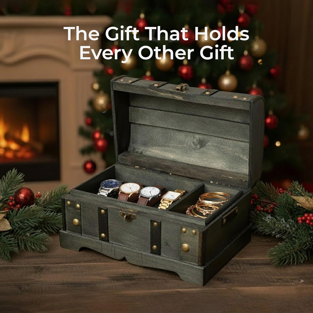Wooden Treasure Chest Box with Tray, Lockable Keepsake Trunk, 11.8x7x7 in