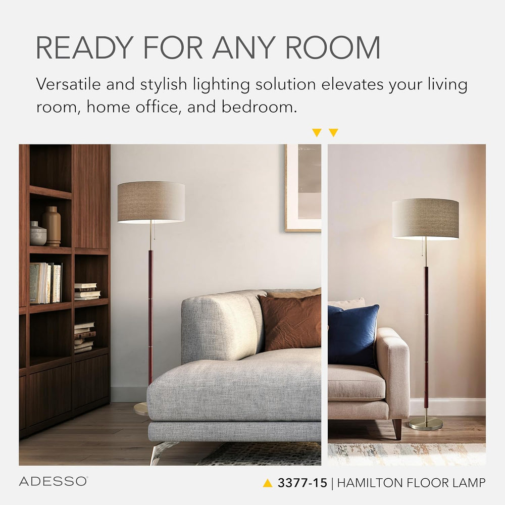 Adesso Floor Lamp, Natural Oak & Off-White Fabric, 3-Way, 65.5”